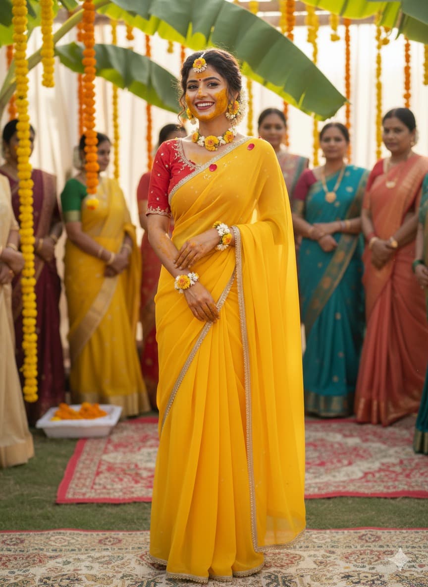 Haldi Special Yellow Georgette Saree with Designer Embroidered Red Blouse and Scalloped Lace Border | KALYANA VASTRA 203101 - Pure Handloom Sarees Saree (Handloom Certified)
